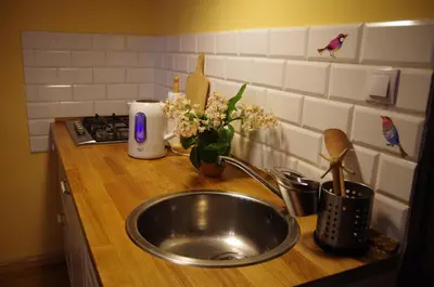 a kitchen counter with a sink and flowers on it at Chata pod Mogielicą komfortowe pokoje z widokiem na Mogielicę 1000m od tras wokół góry Mogielica in Słopnice