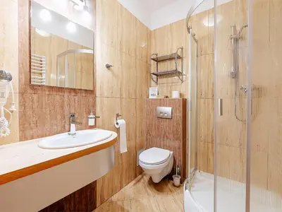 a bathroom with a toilet and a sink and a shower at Hotel Łaziska in Czchów