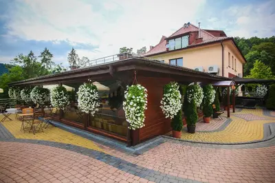 a building with potted plants in front of it at Hotel Łaziska in Czchów