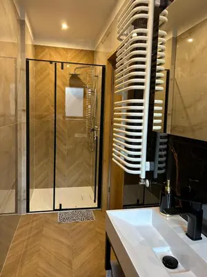 a bathroom with a shower and a white sink at Apartament Francuzka in Kraków