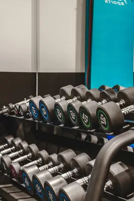 a row of dumbbells on display in a gym at Lwowska 1 in Kraków