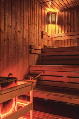 a sauna with a fire in a wooden room at Lwowska 1 in Kraków