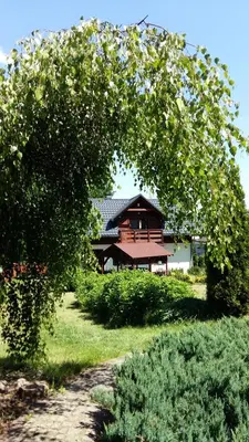 a house behind a tree with a building in the background at Apartament Pozytywka in Tenczynek