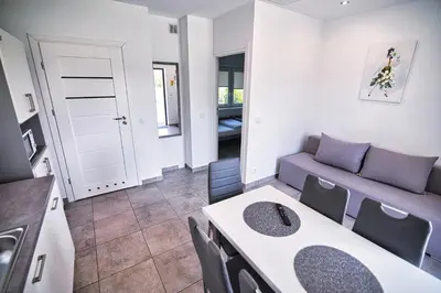 a living room with a couch and a table at Apartamenty i Domki u Basi in Zator