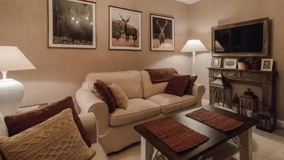 a living room with a couch and a tv at Main Street Apartments in Kraków