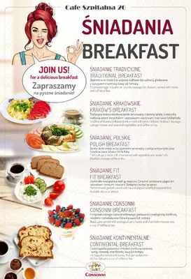 a flyer for a restaurant with a menu of food at Calliope Apartments in Kraków