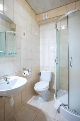 a bathroom with a toilet and a sink and a shower at Salis Resort in Wieliczka
