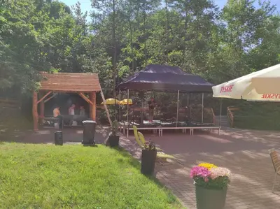 a gazebo and a picnic shelter with people sitting in it at Salis Resort in Wieliczka