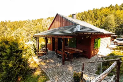 a small house with a roof on a patio at Świerkowe Zacisze Domki in Budzów