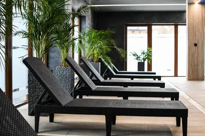 a row of chairs in a lobby with plants at Apartamenty Gorczańskie in Rabka