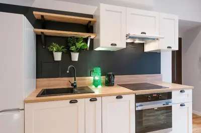 a kitchen with white cabinets and a sink at Centre Apartments-Old Town in Kraków