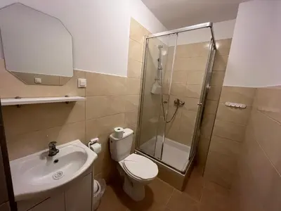 a bathroom with a shower and a toilet and a sink at Dom Franciszkański San Antonio in Kraków