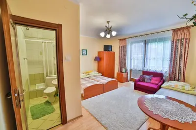 a room with a bedroom with a bed and a bathroom at Ośrodek Wczasowy Sokół in Rabka