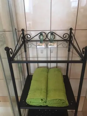 a towel rack with two green towels on it at Dworek Młynarza in Zator