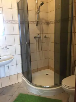 a bathroom with a shower with a toilet and a sink at Dworek Młynarza in Zator