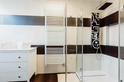 a bathroom with a shower with a glass door at Atticus Apartments in Kraków
