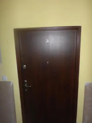 a wooden door in a room with a wall at Garden Apartment in Kraków