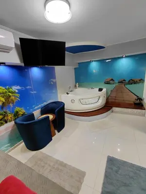 a large bathroom with a tub and a tv at Jacuzzi Apartment Zen in Kraków