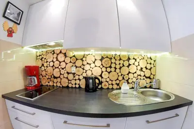 a kitchen with a counter top with a wooden wall at Apartment Brzozowa in Kraków