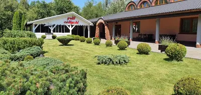 a building with a yard with bushes and trees at Hotel Zajazd Celtycki in Zakrzów
