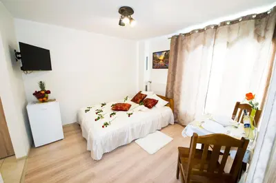 a bedroom with a white bed and a window at Królewski Apartament in Kraków
