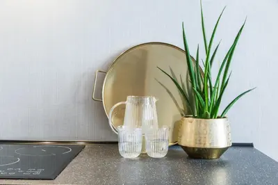 a mirror and two glasses and a plant on a counter at Wielopole17 Max Apartment with AC in Kraków