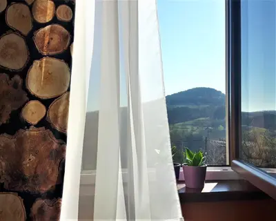 a window with a view of a mountain at Gospodarstwo Gościnne Księżycówka in Rajbrot