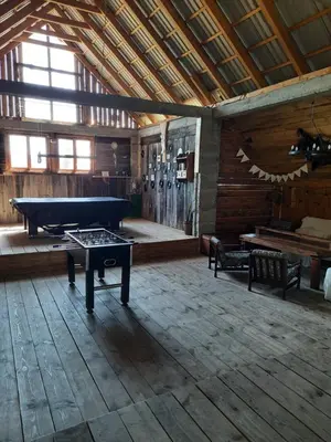 a large room with a pool table in a barn at Gospodarstwo Gościnne Księżycówka in Rajbrot