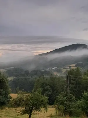 a view of a foggy valley with trees in a field at Gospodarstwo Gościnne Księżycówka in Rajbrot