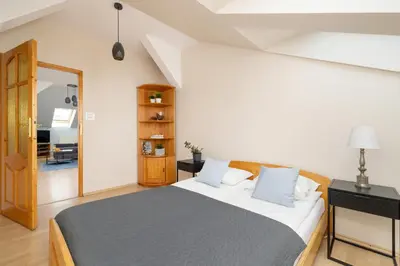 a bedroom with a large bed and a mirror at Sunshine apartment in Kraków