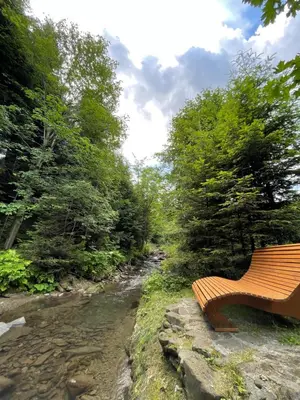 a wooden bench sitting next to a river at Górskie Zacisze in Zawoja