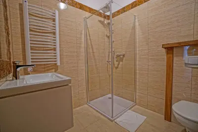 a bathroom with a shower and a sink and a toilet at Apartamenty Grodzka 8 in Kraków