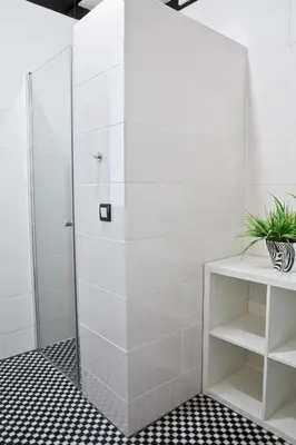 a shower stall with a glass door in a bathroom at Agroturystyka Wichrowe Wzgorze in Osiek