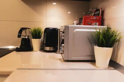 a kitchen counter with a microwave and some plants at Przy Mocaku II in Kraków