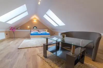 a bedroom with a bed and a skylight at Apartamenty Galeria Jordanowska in Jordanów