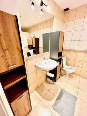 a bathroom with a sink and a toilet at Pokoje Gościnne Wiślna in Kraków