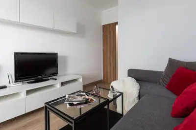 a living room with a couch and a tv at Jack Apartment in Kraków