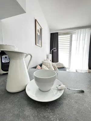 a bowl on a plate on a counter with a mixer at InPoint One Bedroom Apartment with Balcony Self Check-In near Vistula River&Tauron Arena in Kraków