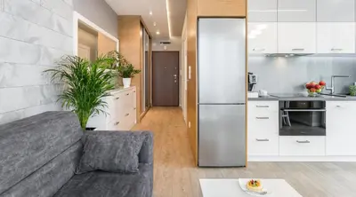 a living room with a couch and a kitchen at Ariańska Apartment - lift & AC in Kraków