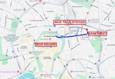 a map of the main train station in the main square at Ariańska Apartment - lift & AC in Kraków