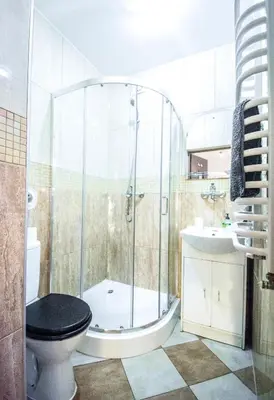 a bathroom with a shower and a toilet and a sink at LION apartments - Your own apartment in Cracow in Kraków