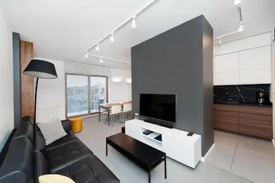 a living room with a couch and a flat screen tv at Premium in Novum City Center, Sun & Snow in Kraków