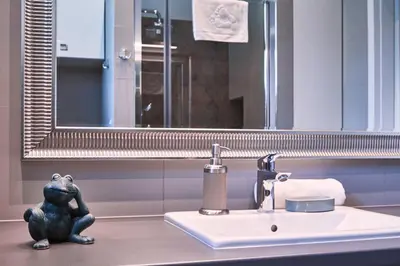 a bathroom with a frog figurine sitting on a sink at Kraków Old Town 2 bedroom royal apartment in Kraków