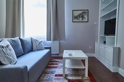 a living room with a couch and a coffee table at Kraków Old Town 2 bedroom royal apartment in Kraków