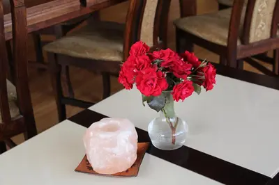 a vase of red flowers and a candle on a table at Grand Panorama in Wiśniowa