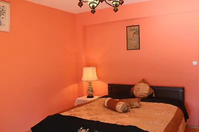 a bedroom with orange walls and a bed with a lamp at Grand Panorama in Wiśniowa