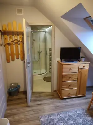 a attic bathroom with a shower and a dresser with a television at Willa Orle Gniazdo in Biały Kościół