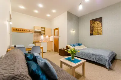 a living room with a couch and a bed at Central Krak Apartments - studios in Kraków