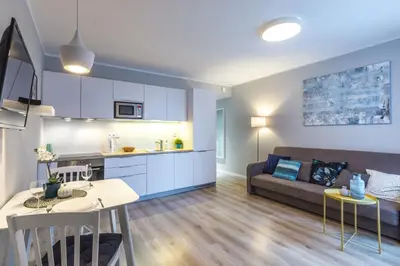 a living room with a gray couch and a table at Friendhouse Apartments Vistula&Wawel in Kraków
