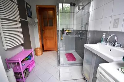 a bathroom with a shower and a sink at Apartament Krych in Rabka